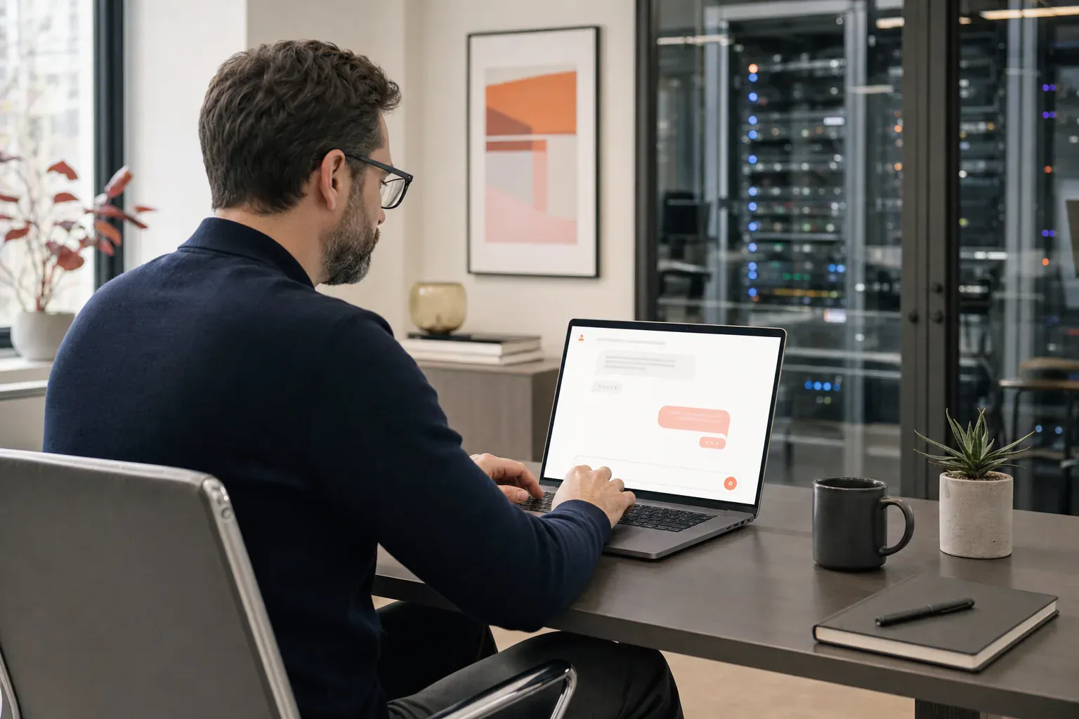 Un responsable informatique échange avec l’assistant OLHYN depuis son ordinateur