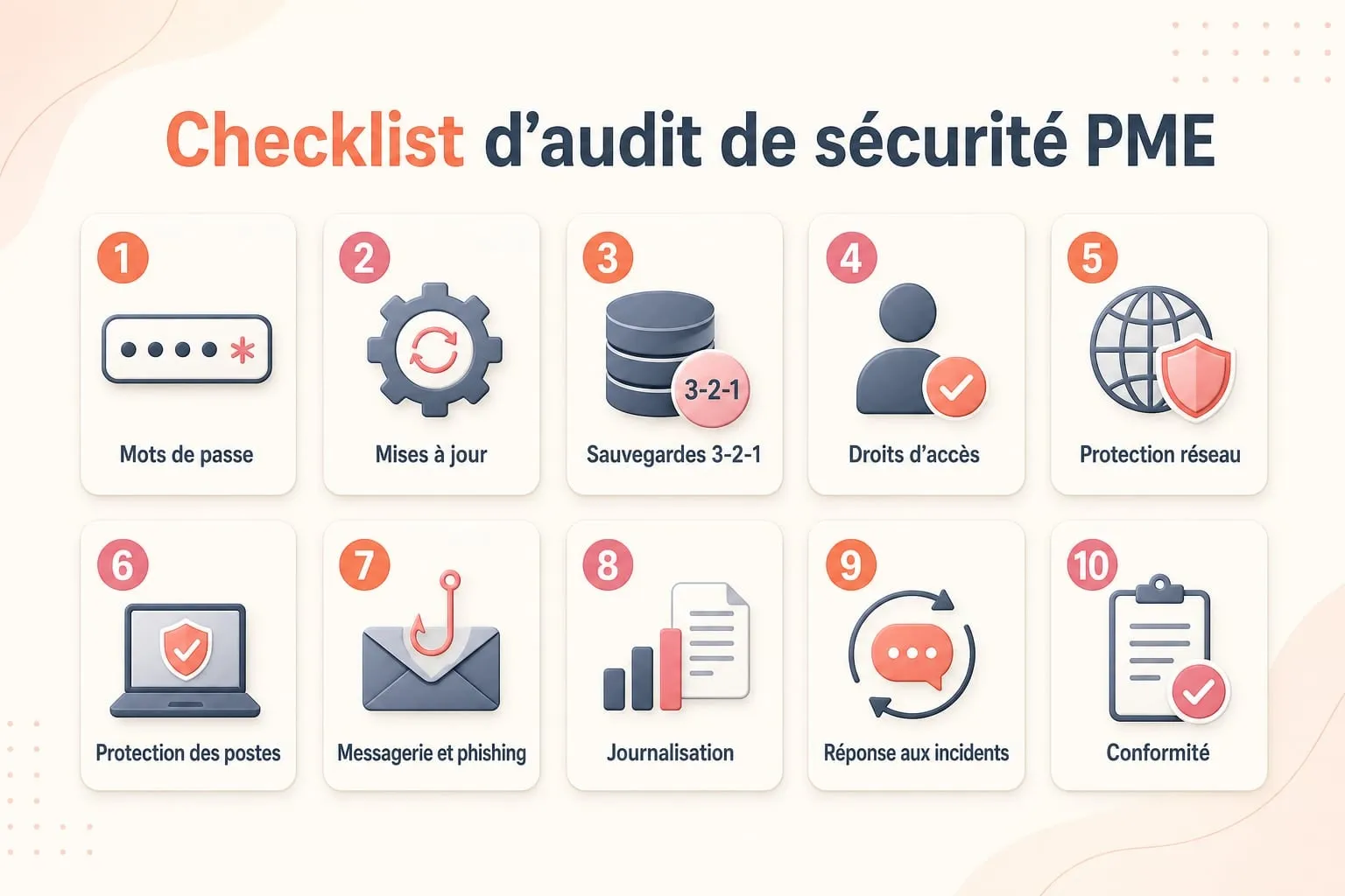 Les dix contrôles d'un audit de sécurité PME : mots de passe, mises à jour, sauvegardes, accès, réseau, postes, messagerie, journalisation, incidents et conformité