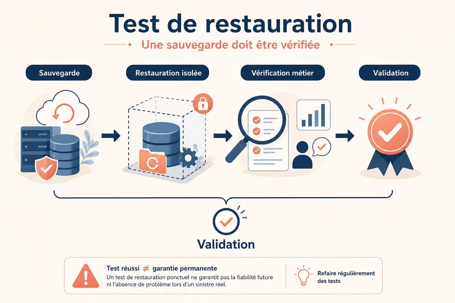 Deux techniciens contrôlent le résultat d'une restauration de sauvegarde sur une infrastructure de PME