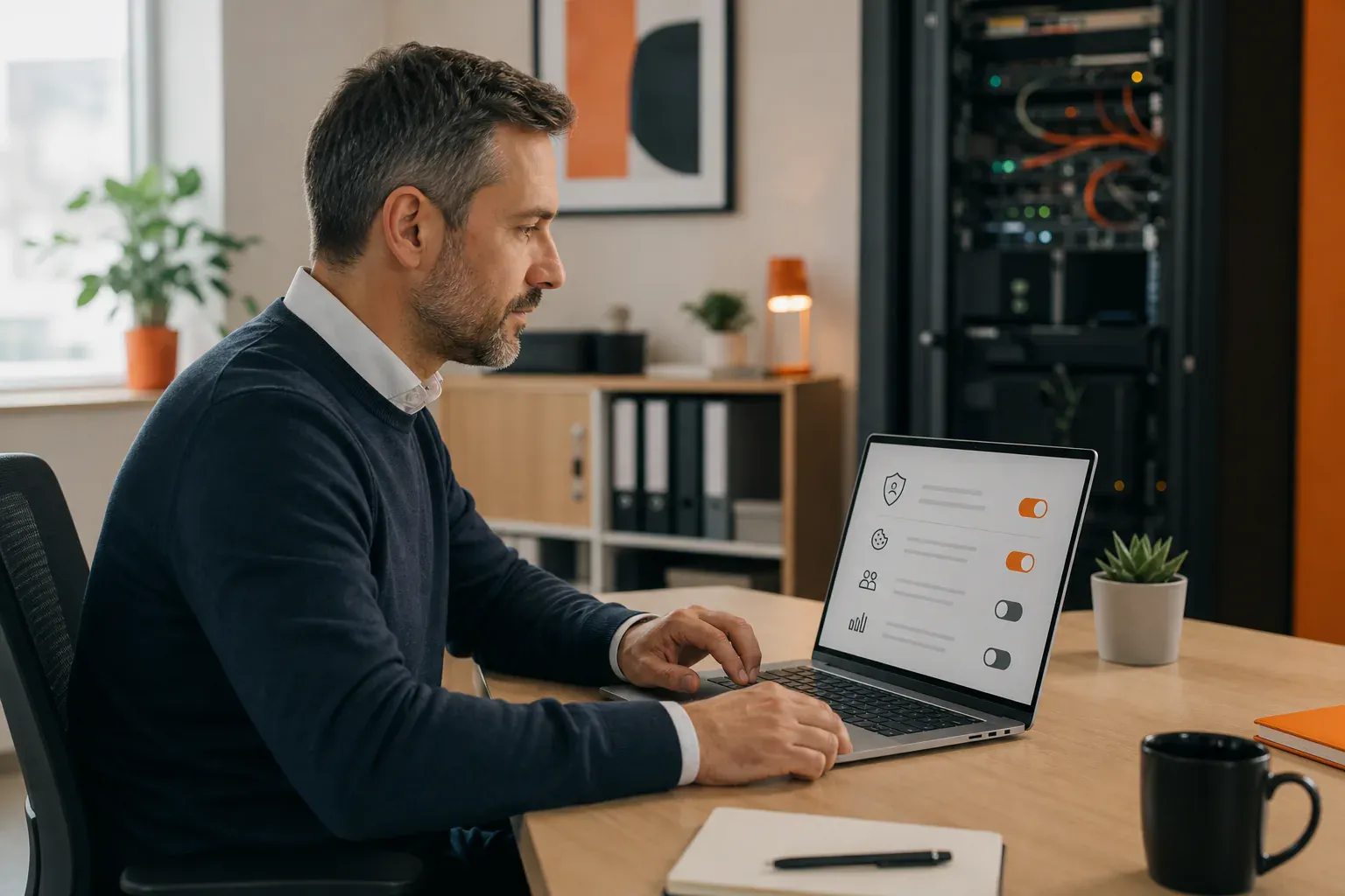 Un responsable informatique examine ses choix de confidentialité sur son ordinateur