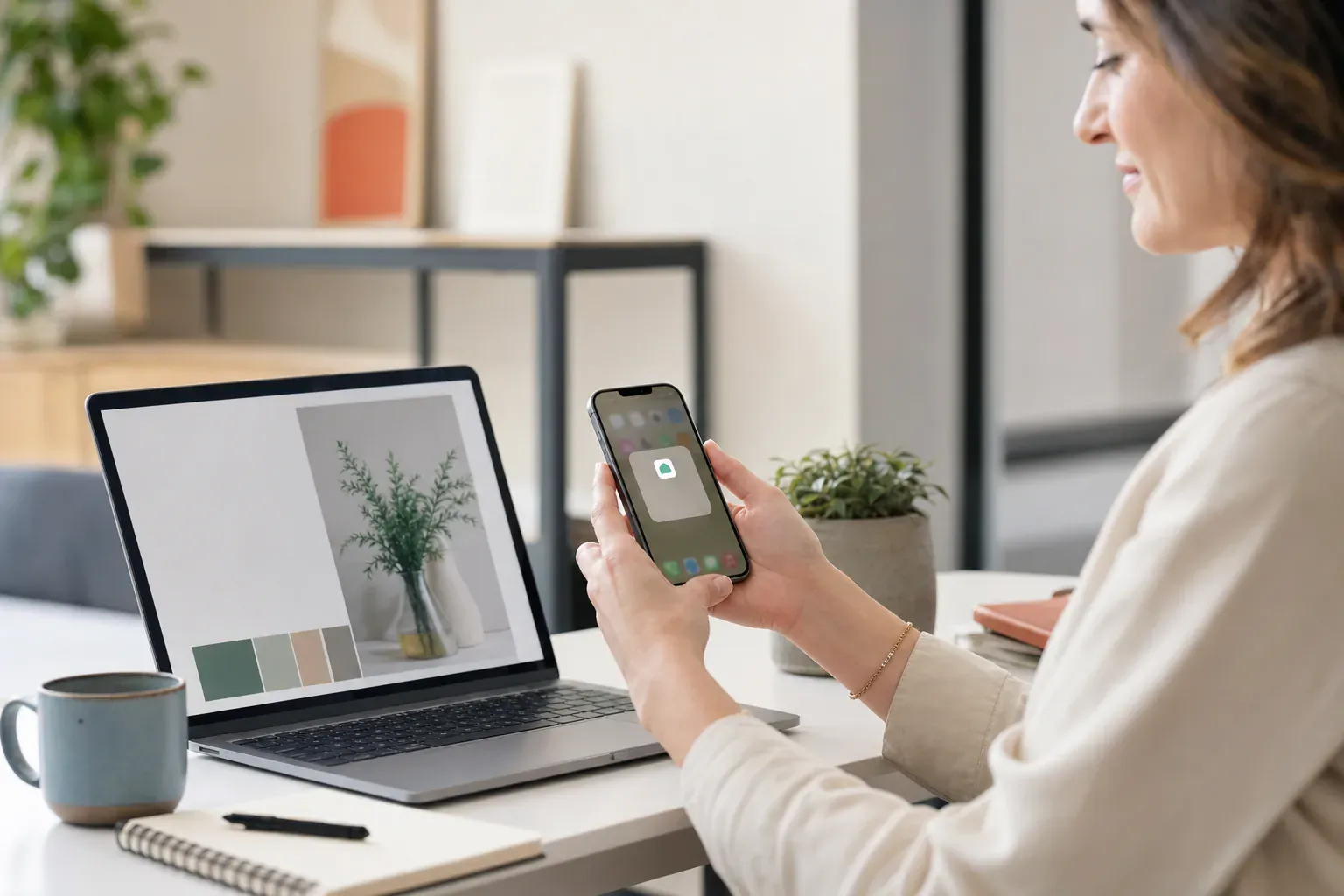 Une professionnelle installe une application web sur son smartphone