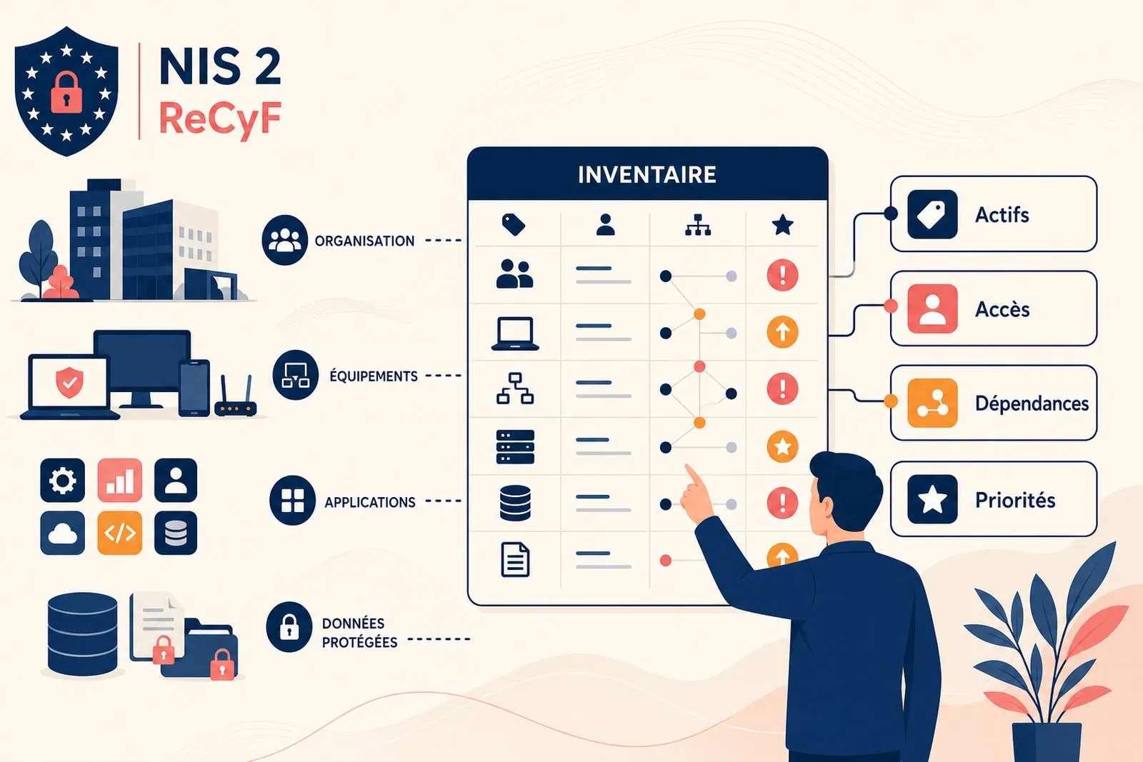 Une équipe inventorie les actifs, les comptes et les accès critiques de son système d'information