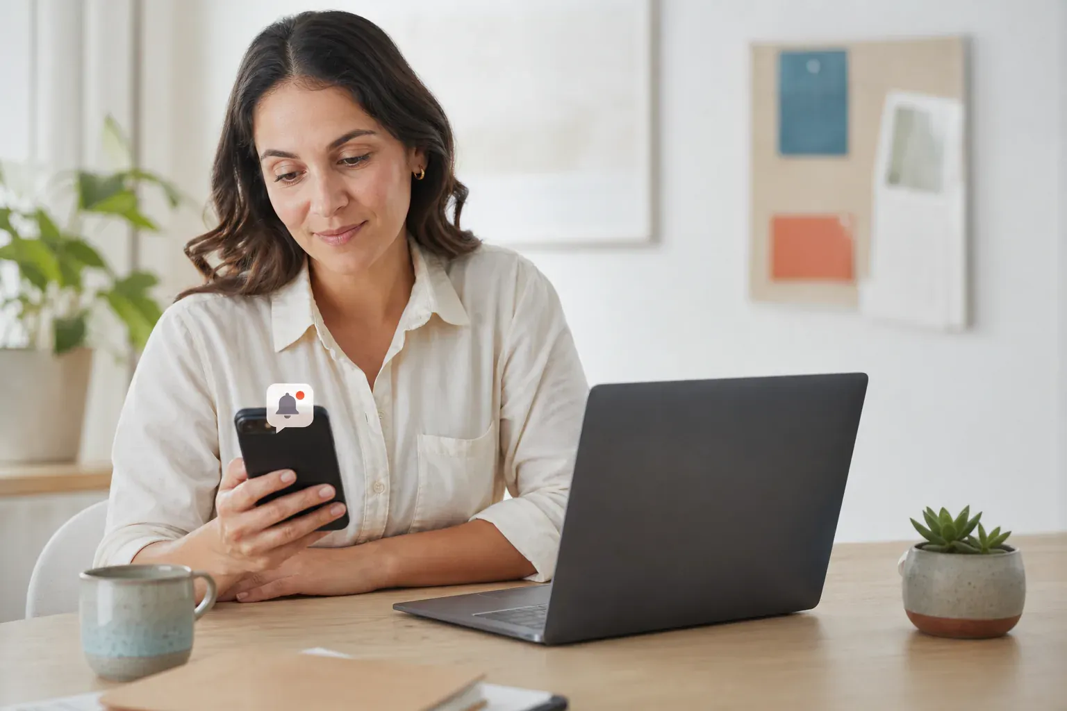 Une professionnelle consulte une notification sur son smartphone